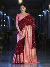 Banarasee Handloom Semi Silk Saree With Zari Buti Design & Contrast Border-Burgundy & Peach