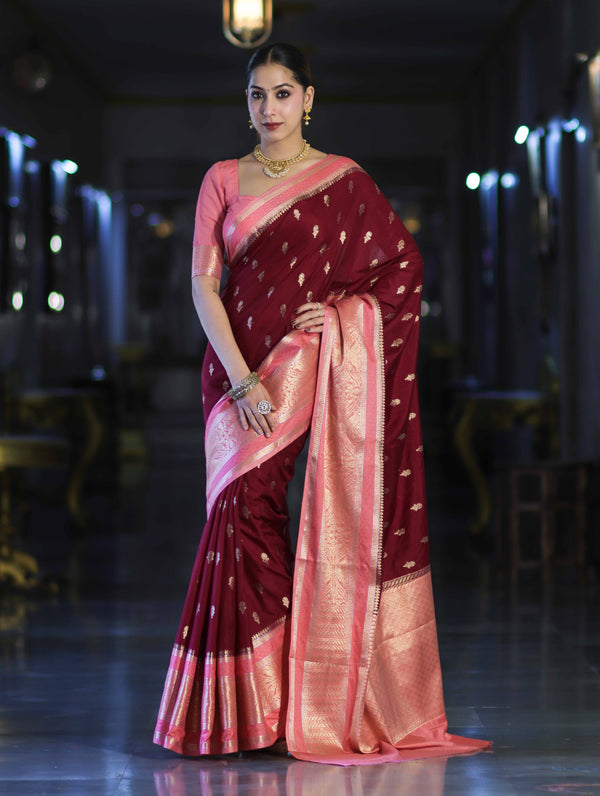 Banarasee Handloom Semi Silk Saree With Zari Buti Design & Contrast Border-Burgundy & Peach