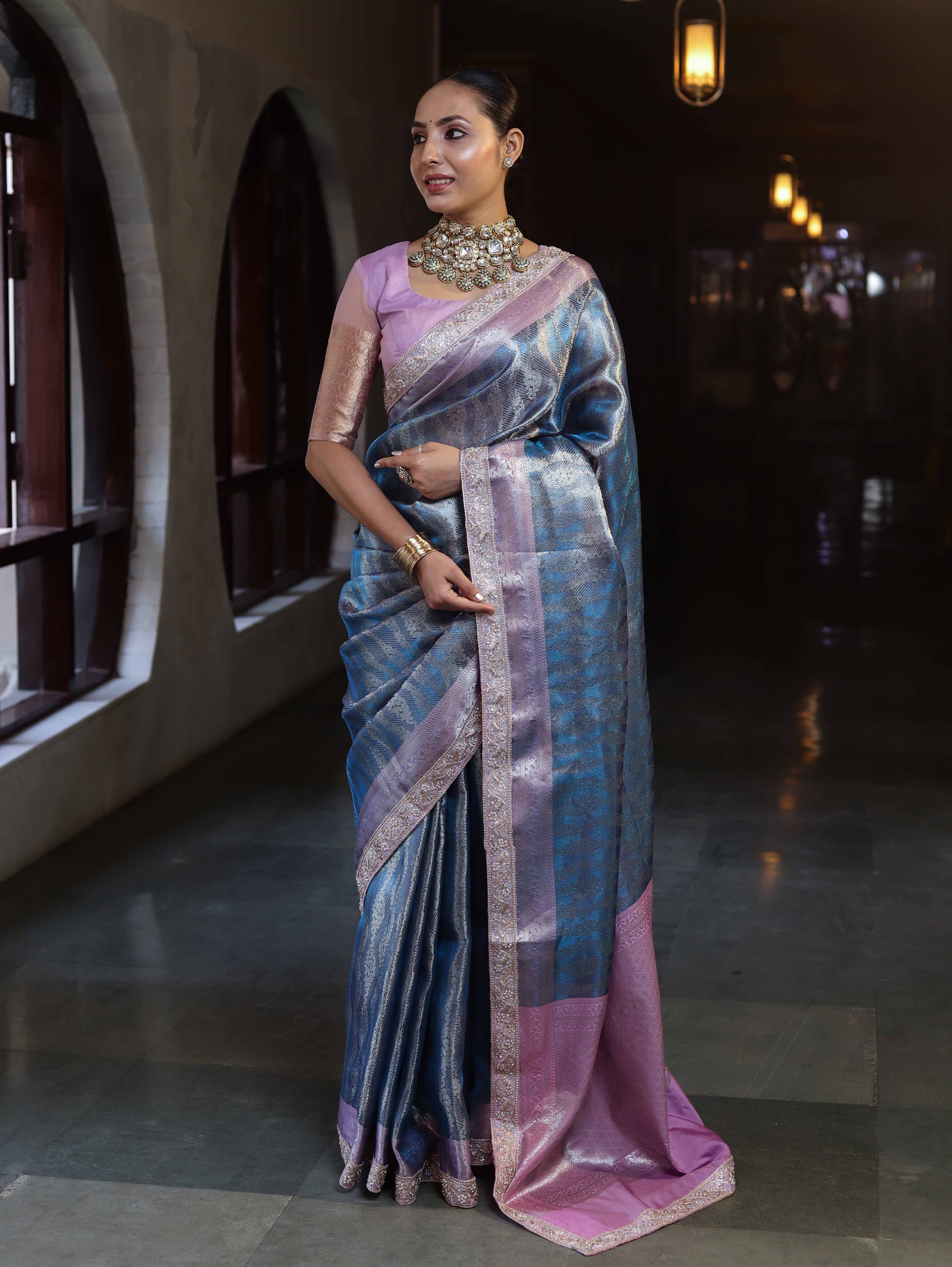Banarasee Handwoven Tissue Saree With Zari Woven Design Contrast Border & Lace-Blue & Lavender