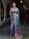 Banarasee Handwoven Tissue Saree With Zari Woven Design Contrast Border & Lace-Blue & Lavender