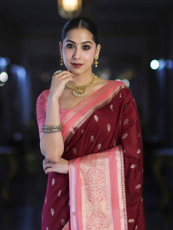 Banarasee Handloom Semi Silk Saree With Zari Buti Design & Contrast Border-Burgundy & Peach
