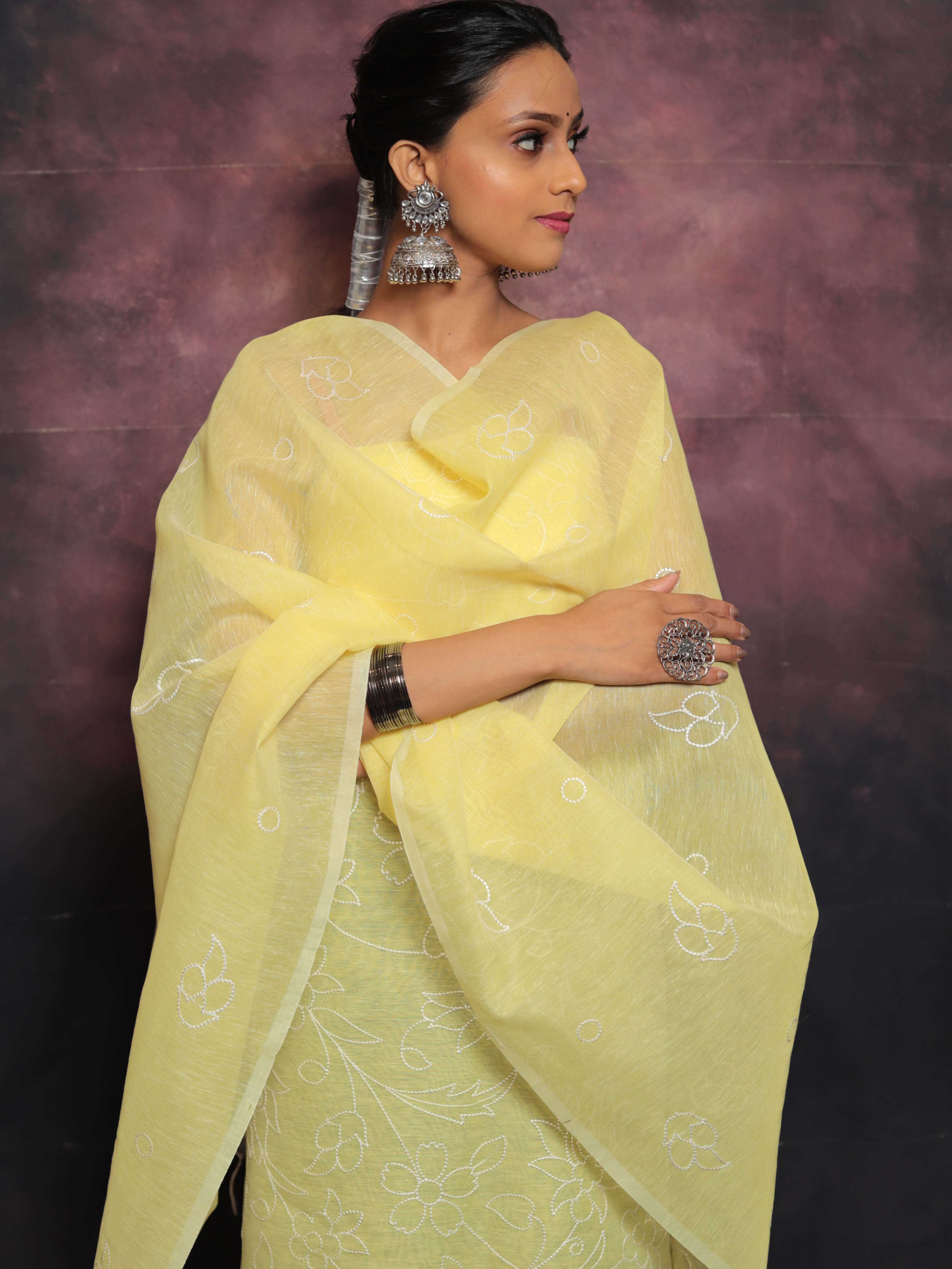 Banarasee Embroidered Linen Cotton Salwar Kameez With Dupatta-Yellow