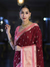 Banarasee Handloom Semi Silk Saree With Zari Buti Design & Contrast Border-Burgundy & Peach