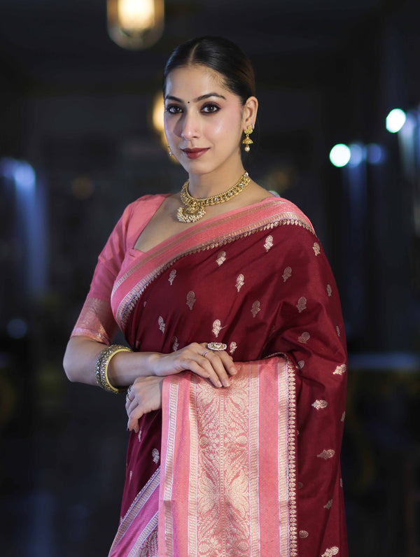 Banarasee Handloom Semi Silk Saree With Zari Buti Design & Contrast Border-Burgundy & Peach
