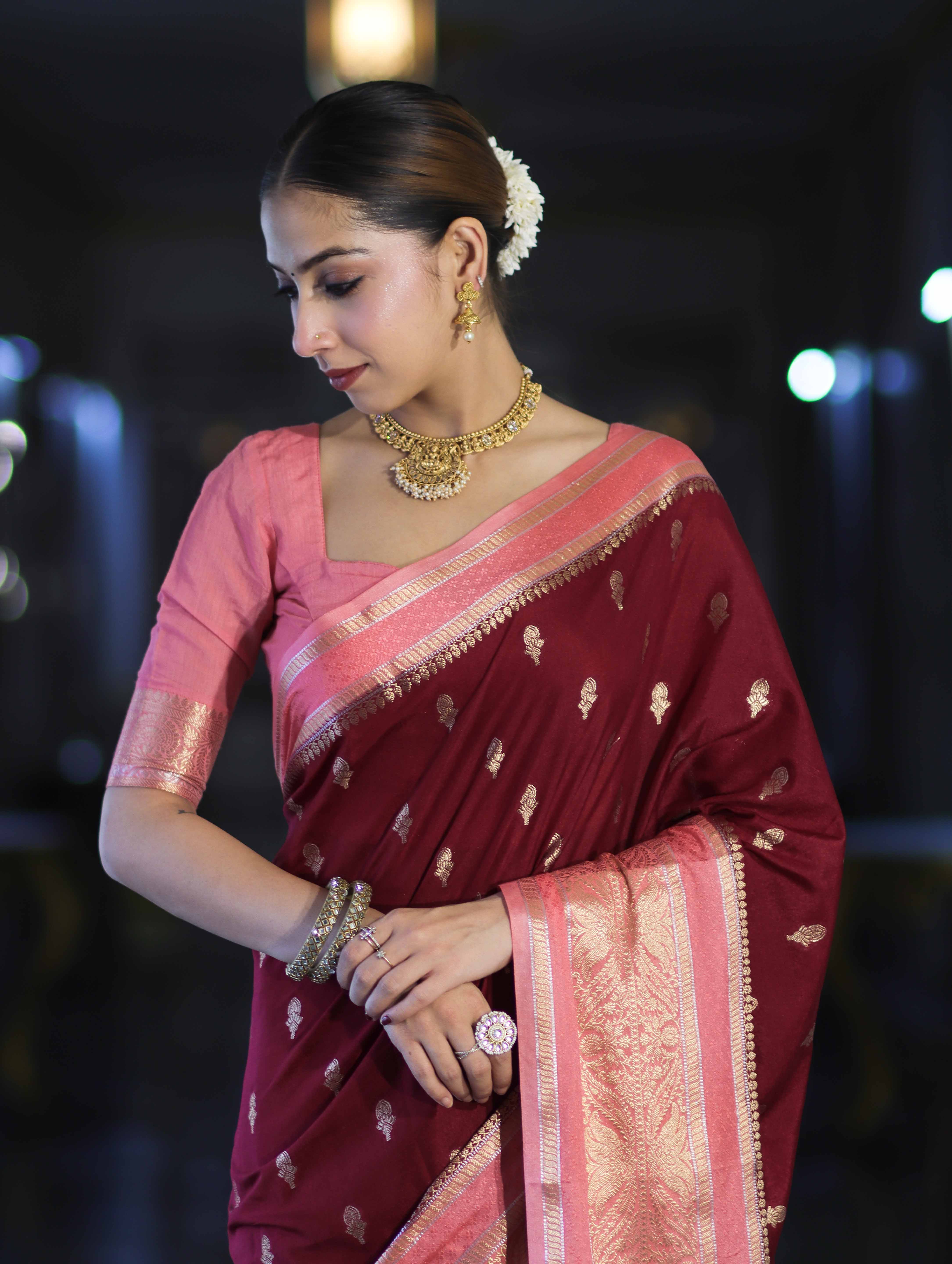 Banarasee Handloom Semi Silk Saree With Zari Buti Design & Contrast Border-Burgundy & Peach
