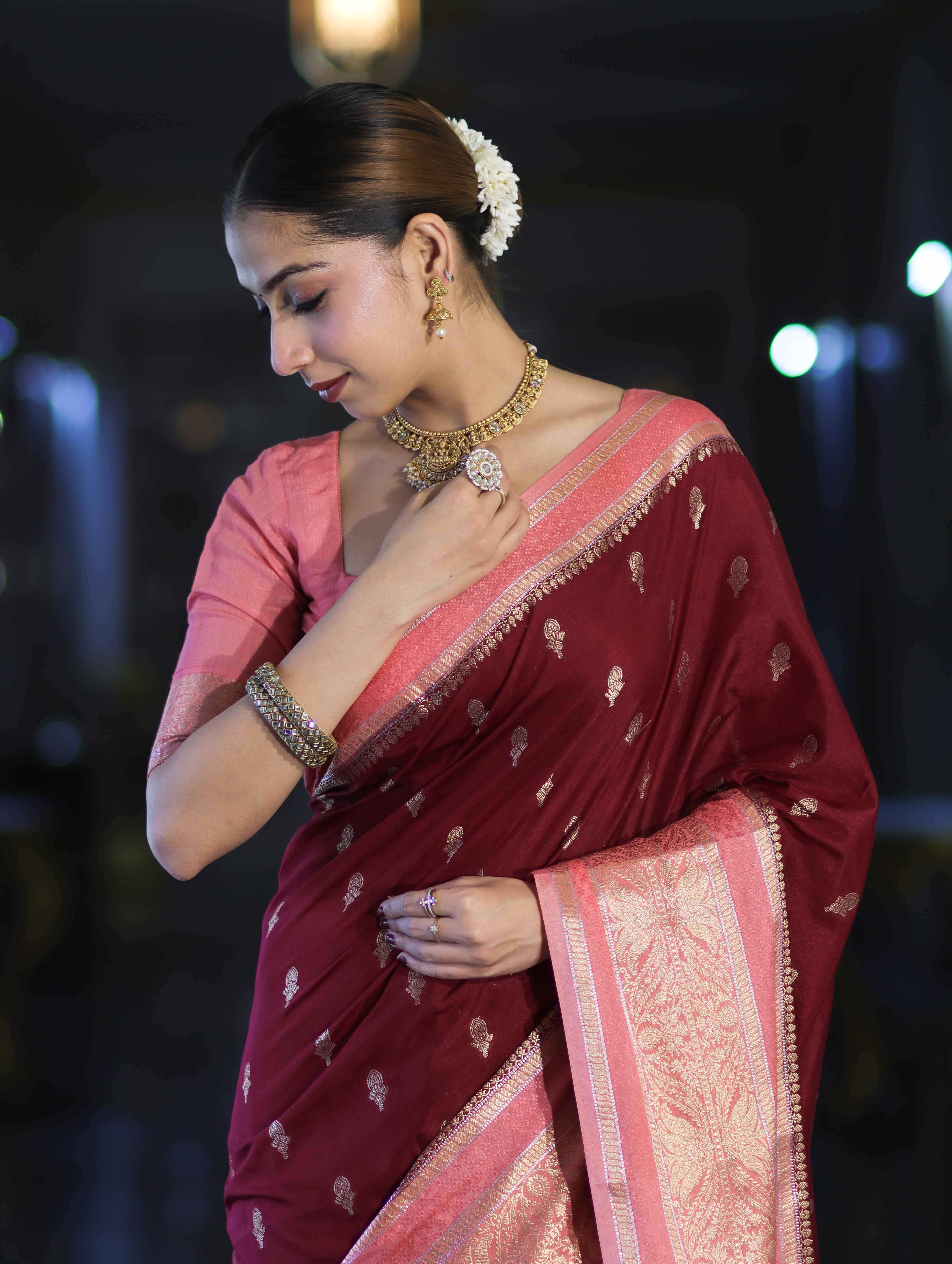 Banarasee Handloom Semi Silk Saree With Zari Buti Design & Contrast Border-Burgundy & Peach
