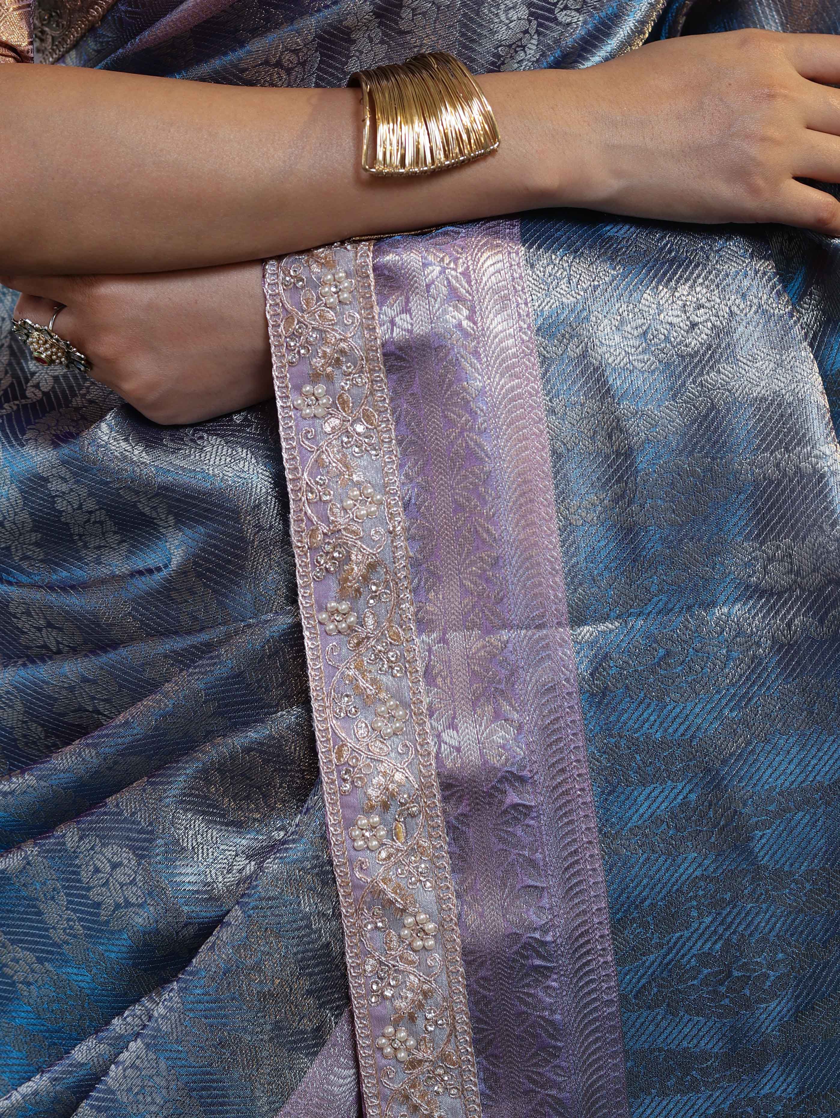Banarasee Handwoven Tissue Saree With Zari Woven Design Contrast Border & Lace-Blue & Lavender