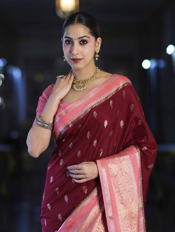 Banarasee Handloom Semi Silk Saree With Zari Buti Design & Contrast Border-Burgundy & Peach