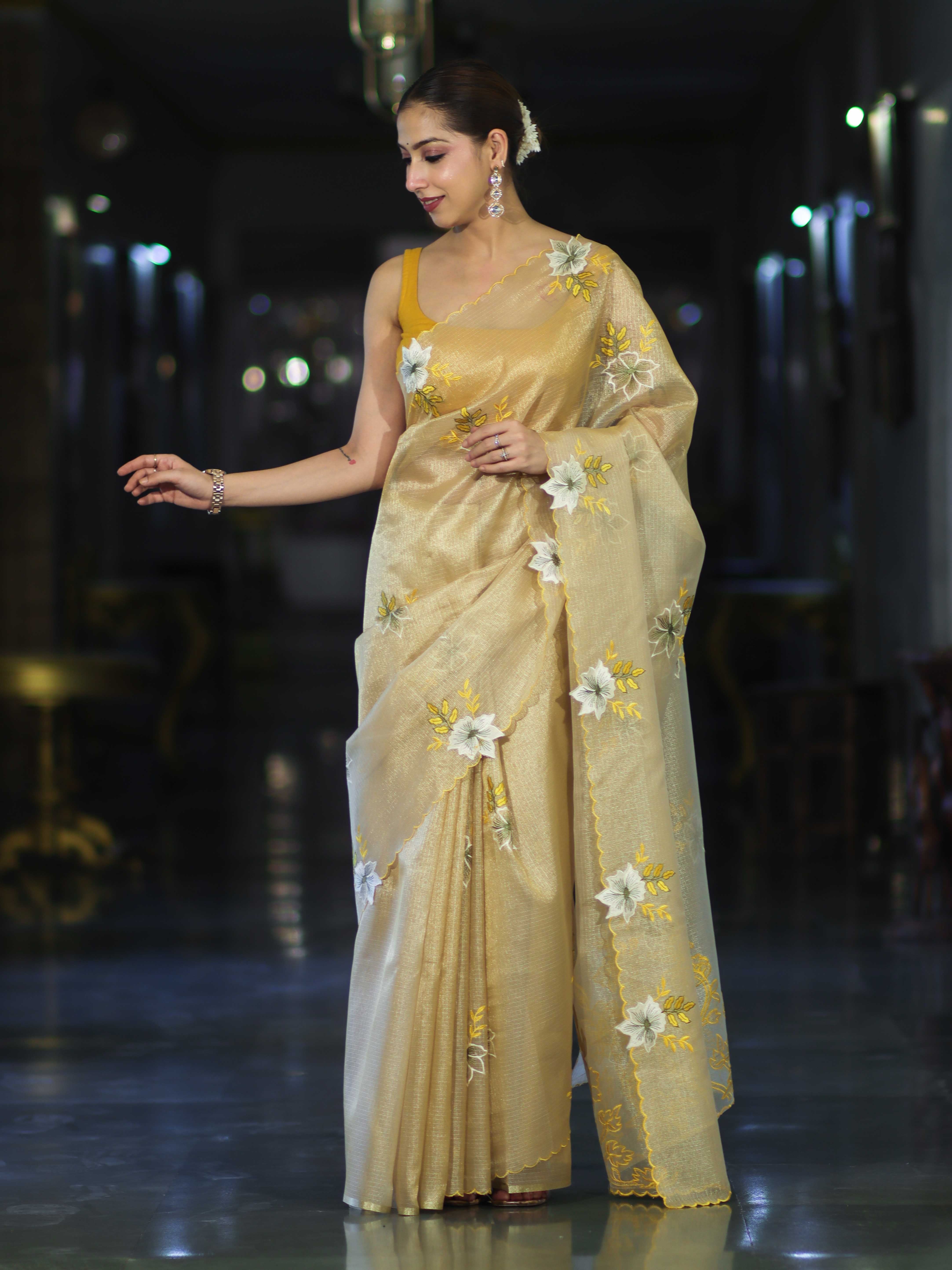 Banarasee Tissue Saree With Resham Embroidery Applique Work Pallu & Scallop Border-Yellow (Gold Tone)