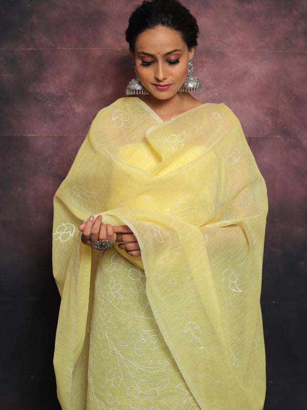 Banarasee Embroidered Linen Cotton Salwar Kameez With Dupatta-Yellow