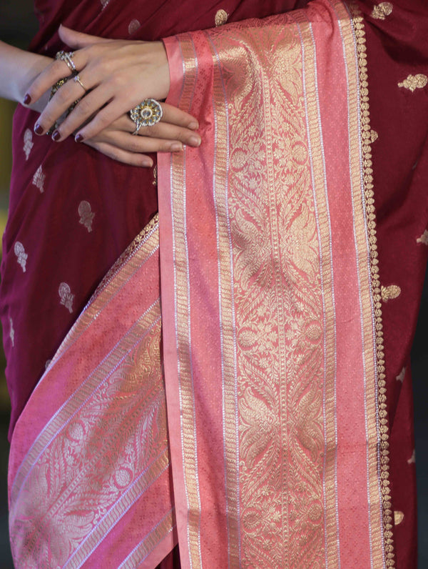 Banarasee Handloom Semi Silk Saree With Zari Buti Design & Contrast Border-Burgundy & Peach