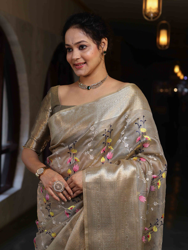 Banarasee Handwoven Tissue Saree With Thread Embroidery Digital Prints & Zari Border-Gold