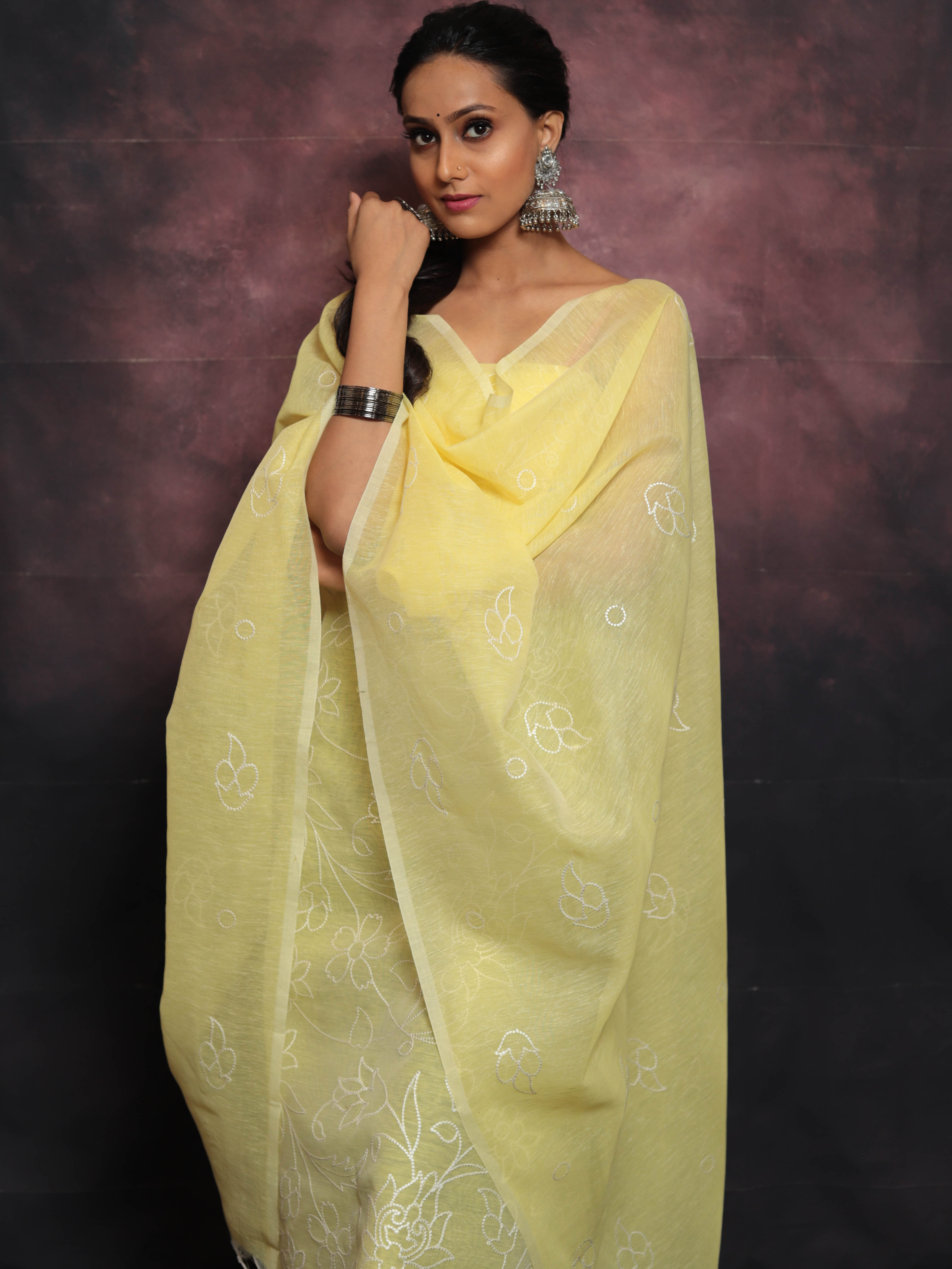 Banarasee Embroidered Linen Cotton Salwar Kameez With Dupatta-Yellow