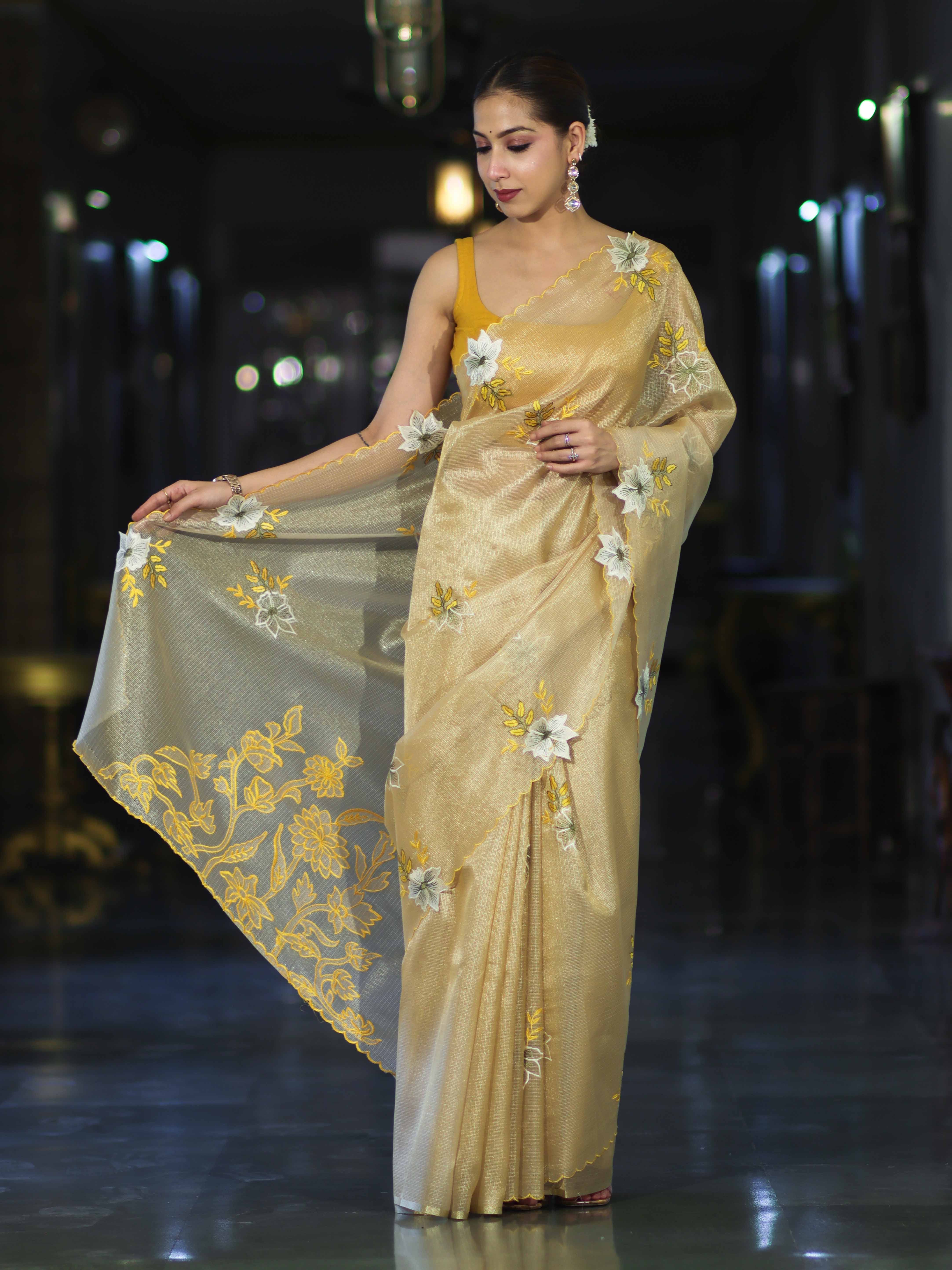 Banarasee Tissue Saree With Resham Embroidery Applique Work Pallu & Scallop Border-Yellow (Gold Tone)