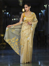 Banarasee Tissue Saree With Resham Embroidery Applique Work Pallu & Scallop Border-Yellow (Gold Tone)
