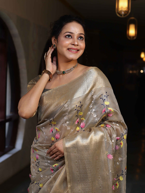 Banarasee Handwoven Tissue Saree With Thread Embroidery Digital Prints & Zari Border-Gold