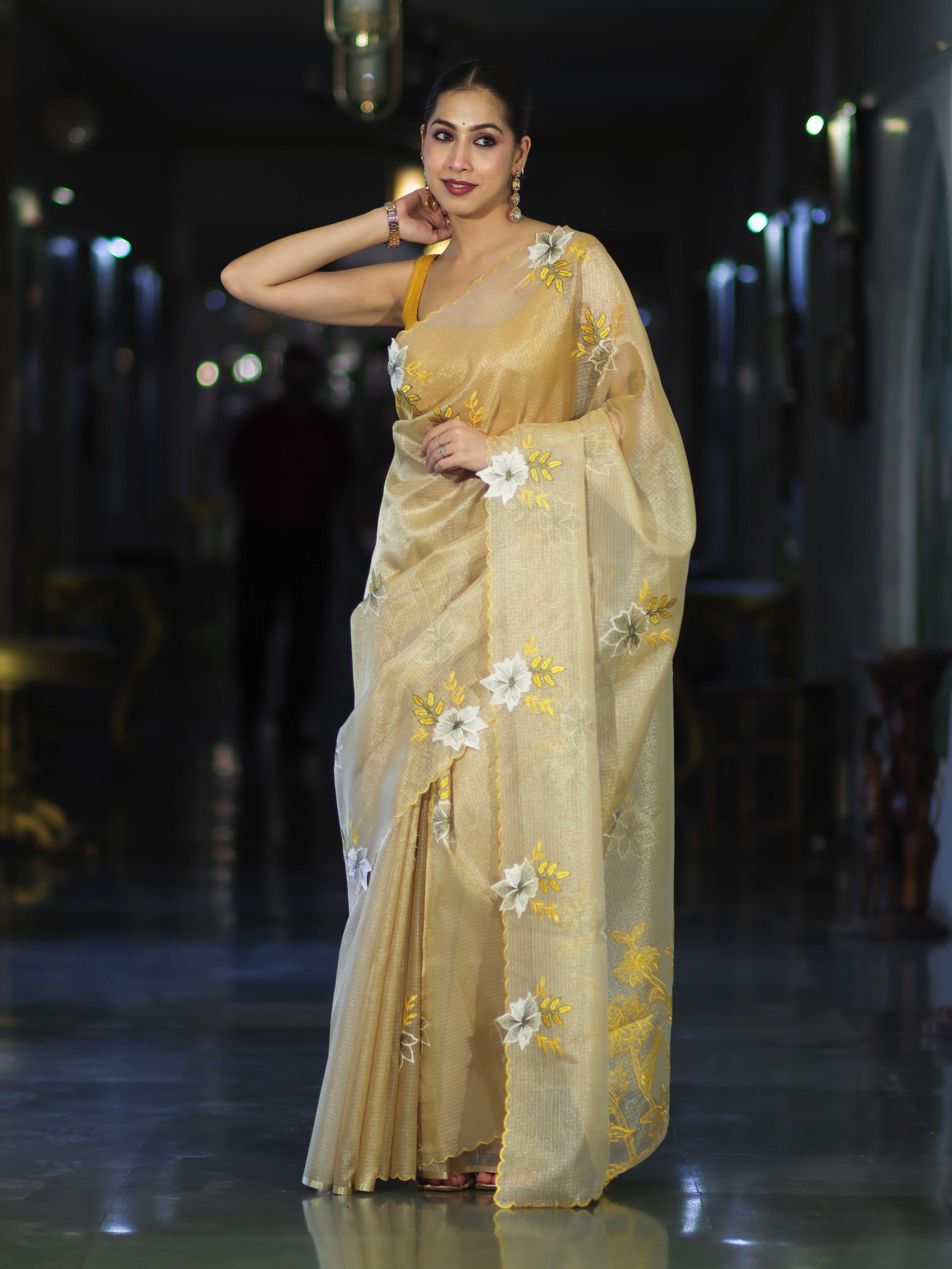 Banarasee Tissue Saree With Resham Embroidery Applique Work Pallu & Scallop Border-Yellow (Gold Tone)