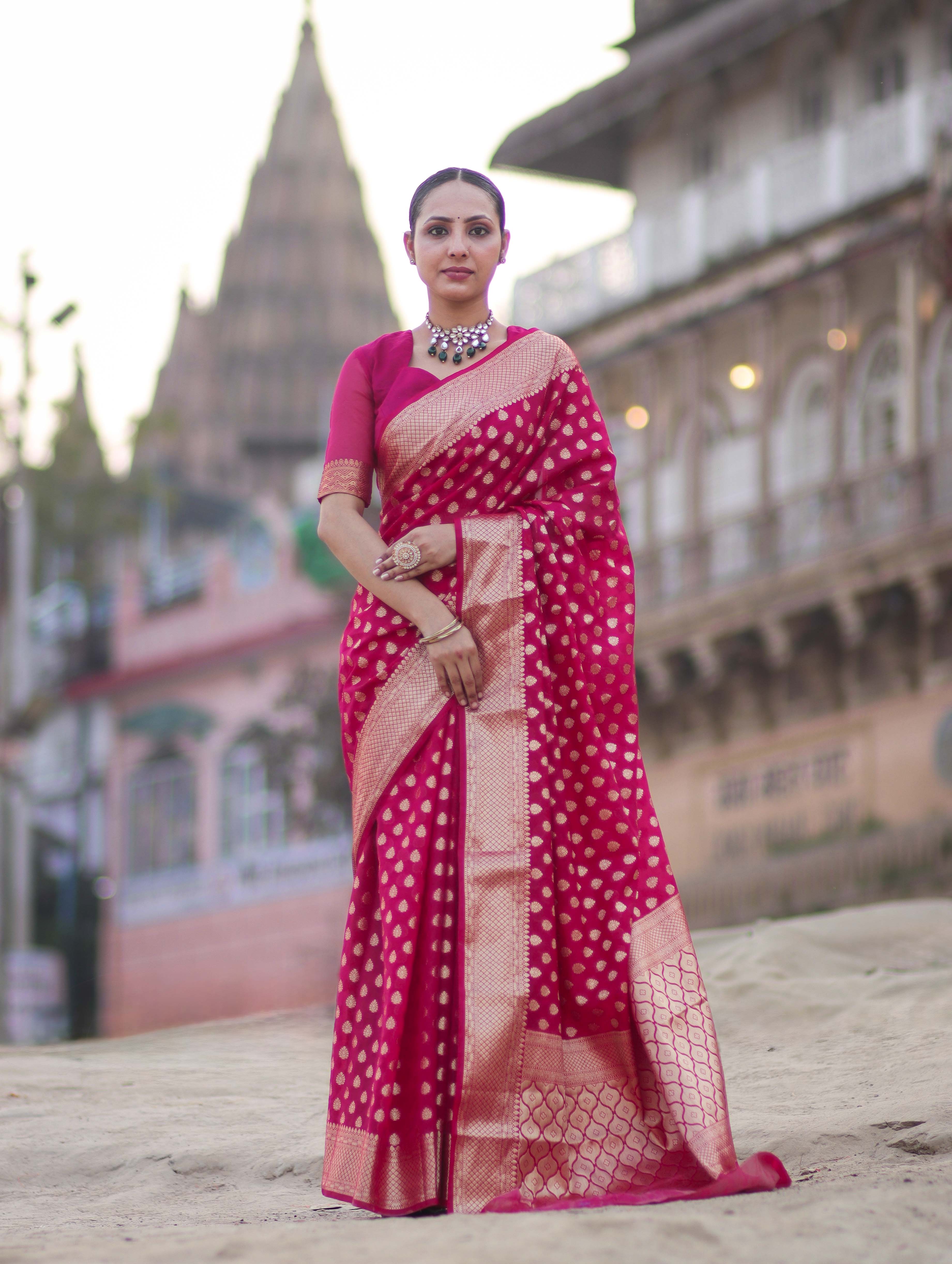 Banarasee Handwoven Georgette Saree With Zari Buta Design & Border-Pink