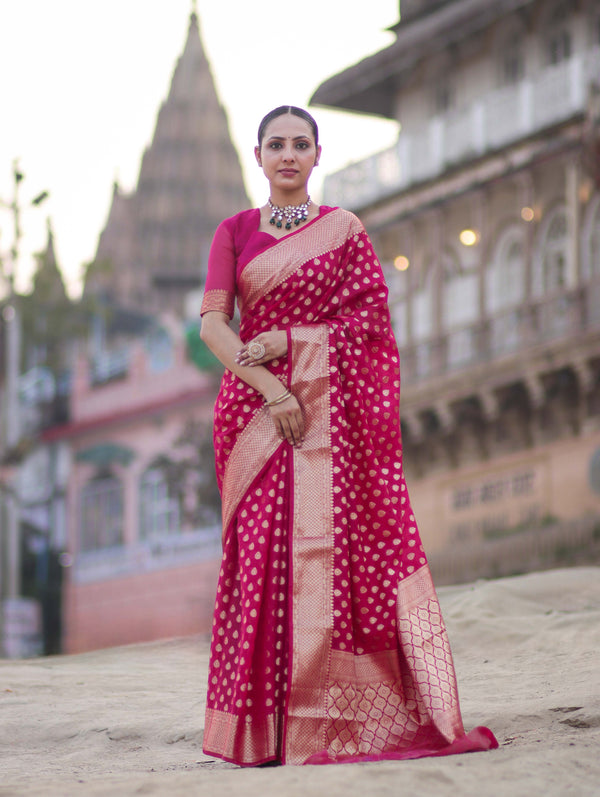 Banarasee Handwoven Georgette Saree With Zari Buta Design & Border-Pink