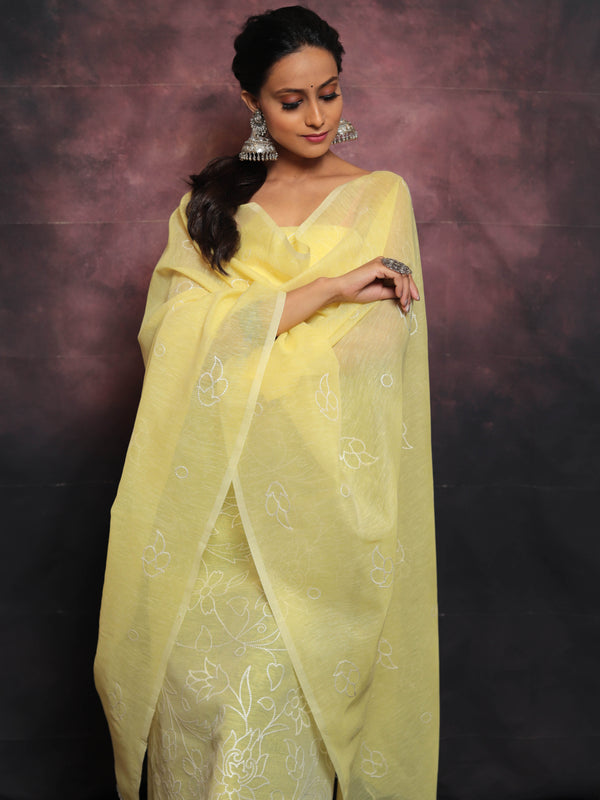 Banarasee Embroidered Linen Cotton Salwar Kameez With Dupatta-Yellow