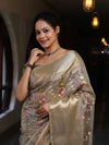 Banarasee Handwoven Tissue Saree With Thread Embroidery Digital Prints & Zari Border-Gold