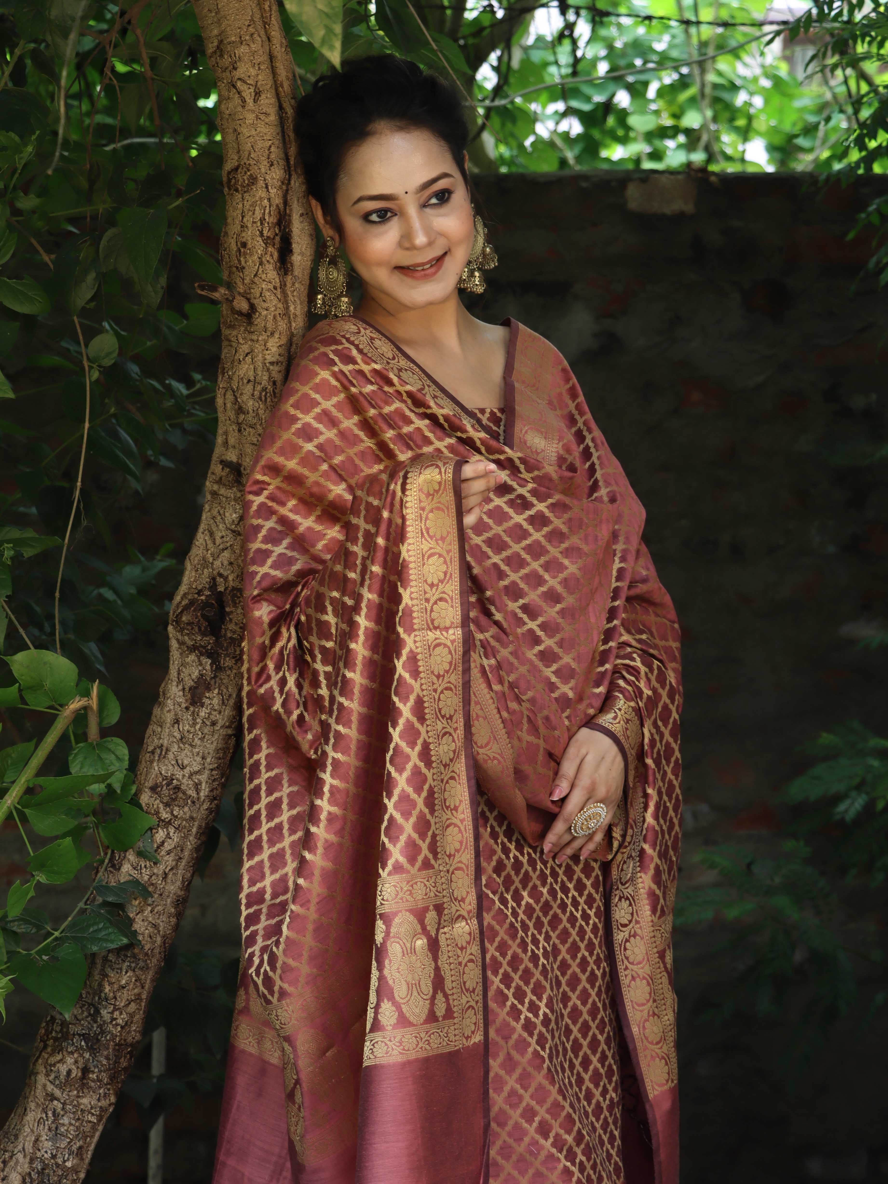 Banarasee Cotton Silk Zari Woven Salwar Kameez Dupatta Set-Burgundy