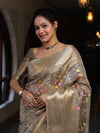 Banarasee Handwoven Tissue Saree With Thread Embroidery Digital Prints & Zari Border-Gold