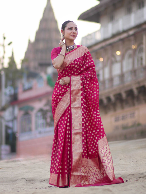 Banarasee Handwoven Georgette Saree With Zari Buta Design & Border-Pink