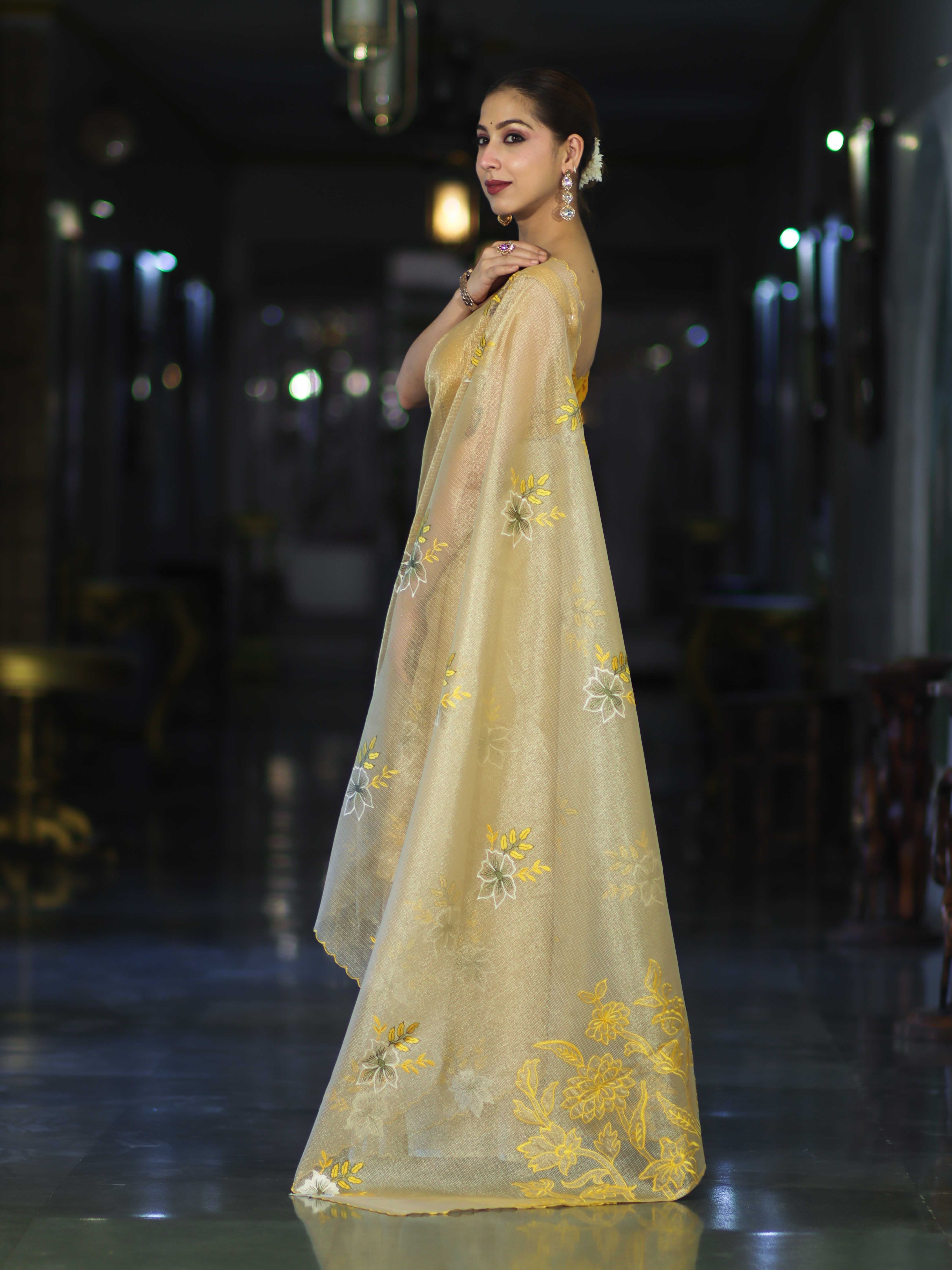 Banarasee Tissue Saree With Resham Embroidery Applique Work Pallu & Scallop Border-Yellow (Gold Tone)
