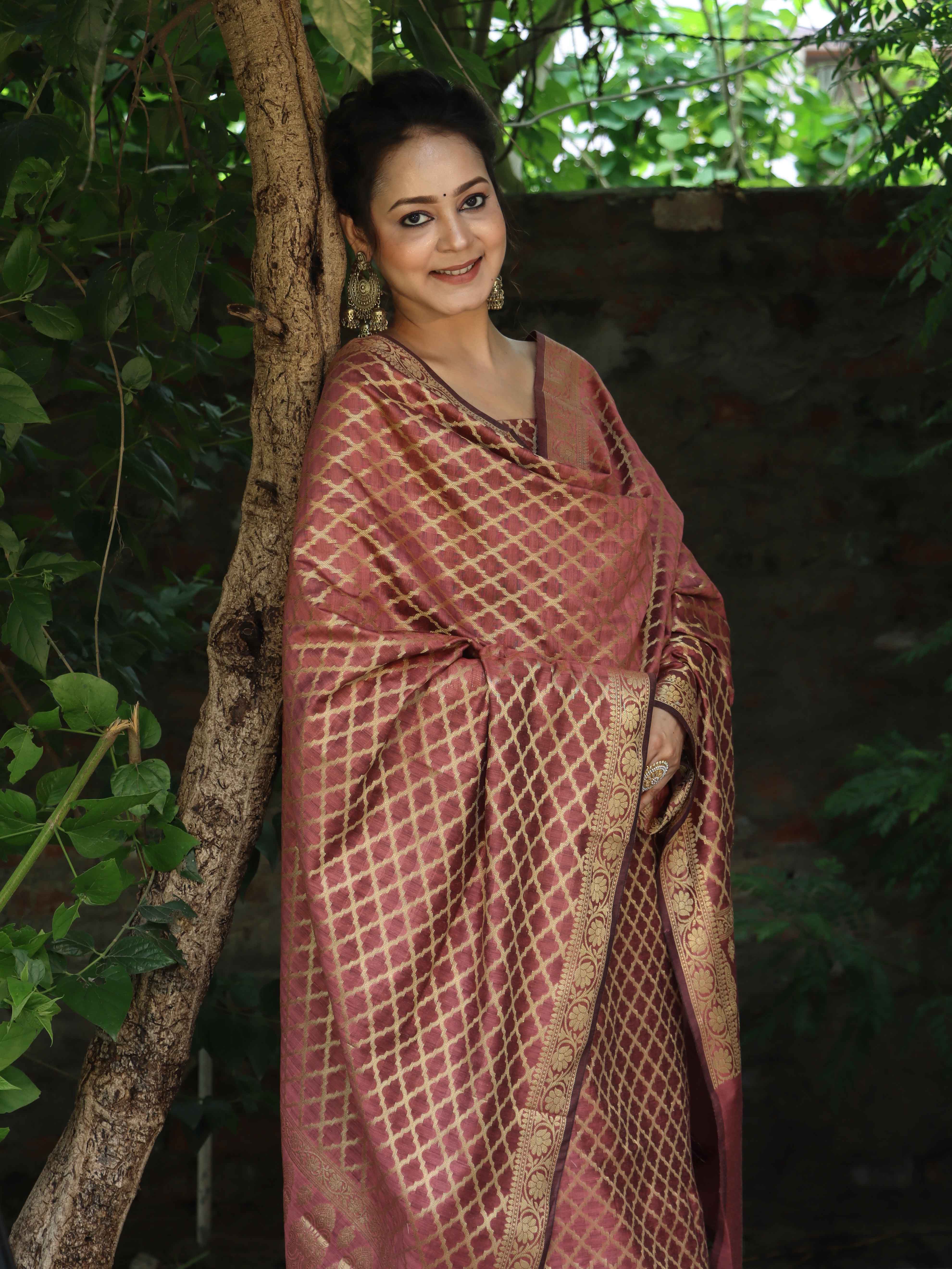 Banarasee Cotton Silk Zari Woven Salwar Kameez Dupatta Set-Burgundy
