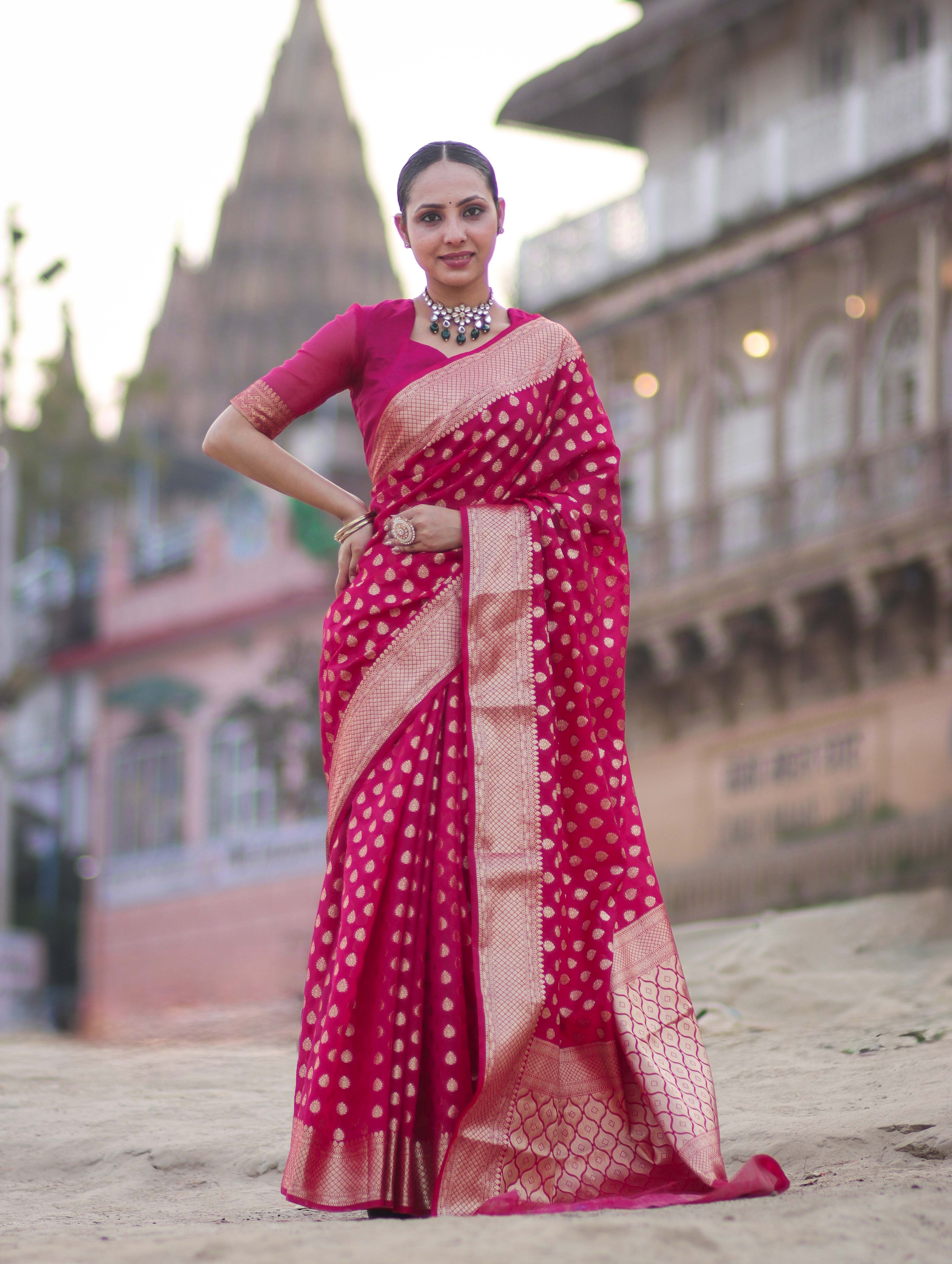Banarasee Handwoven Georgette Saree With Zari Buta Design & Border-Pink