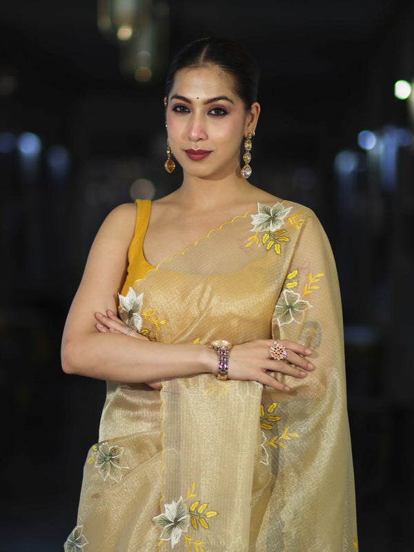 Banarasee Tissue Saree With Resham Embroidery Applique Work Pallu & Scallop Border-Yellow (Gold Tone)