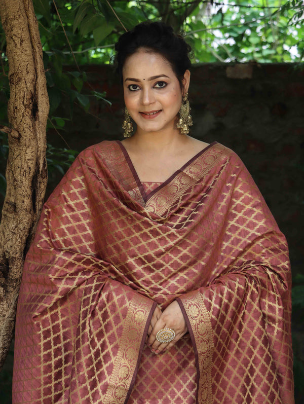 Banarasee Cotton Silk Zari Woven Salwar Kameez Dupatta Set-Burgundy