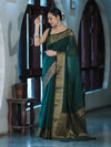 Banarasee Handloom Cotton Silk Plain Saree With Antique Zari Border-Deep Green