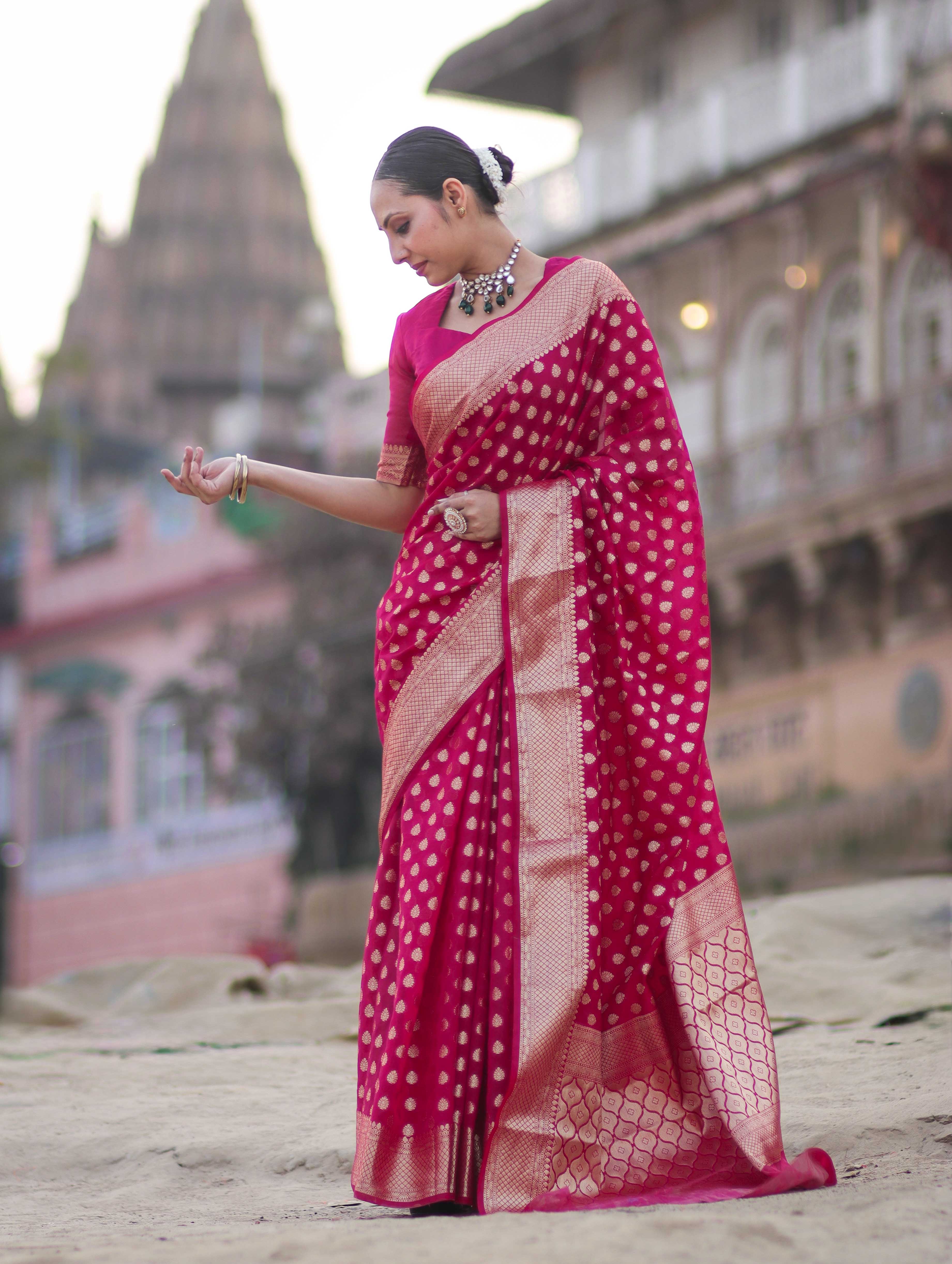 Banarasee Handwoven Georgette Saree With Zari Buta Design & Border-Pink