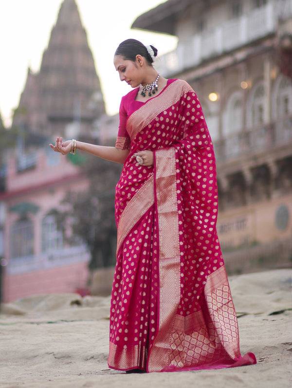 Banarasee Handwoven Georgette Saree With Zari Buta Design & Border-Pink