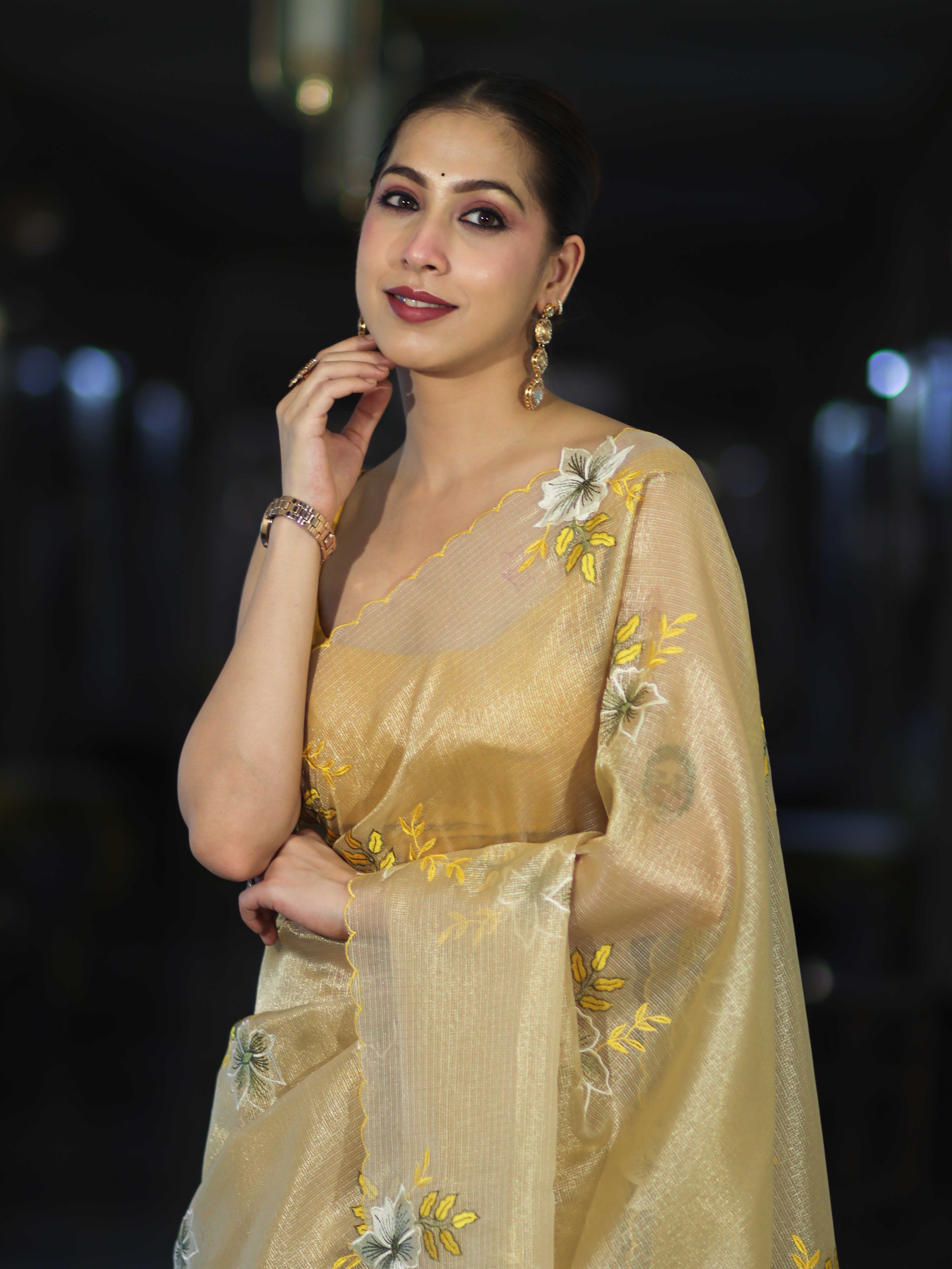 Banarasee Tissue Saree With Resham Embroidery Applique Work Pallu & Scallop Border-Yellow (Gold Tone)