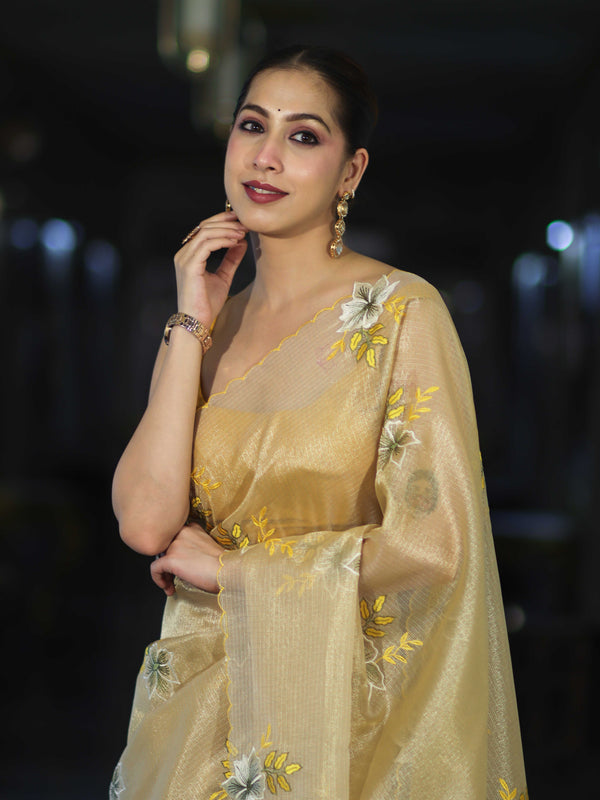 Banarasee Tissue Saree With Resham Embroidery Applique Work Pallu & Scallop Border-Yellow (Gold Tone)