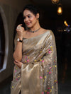 Banarasee Handwoven Tissue Saree With Thread Embroidery Digital Prints & Zari Border-Gold