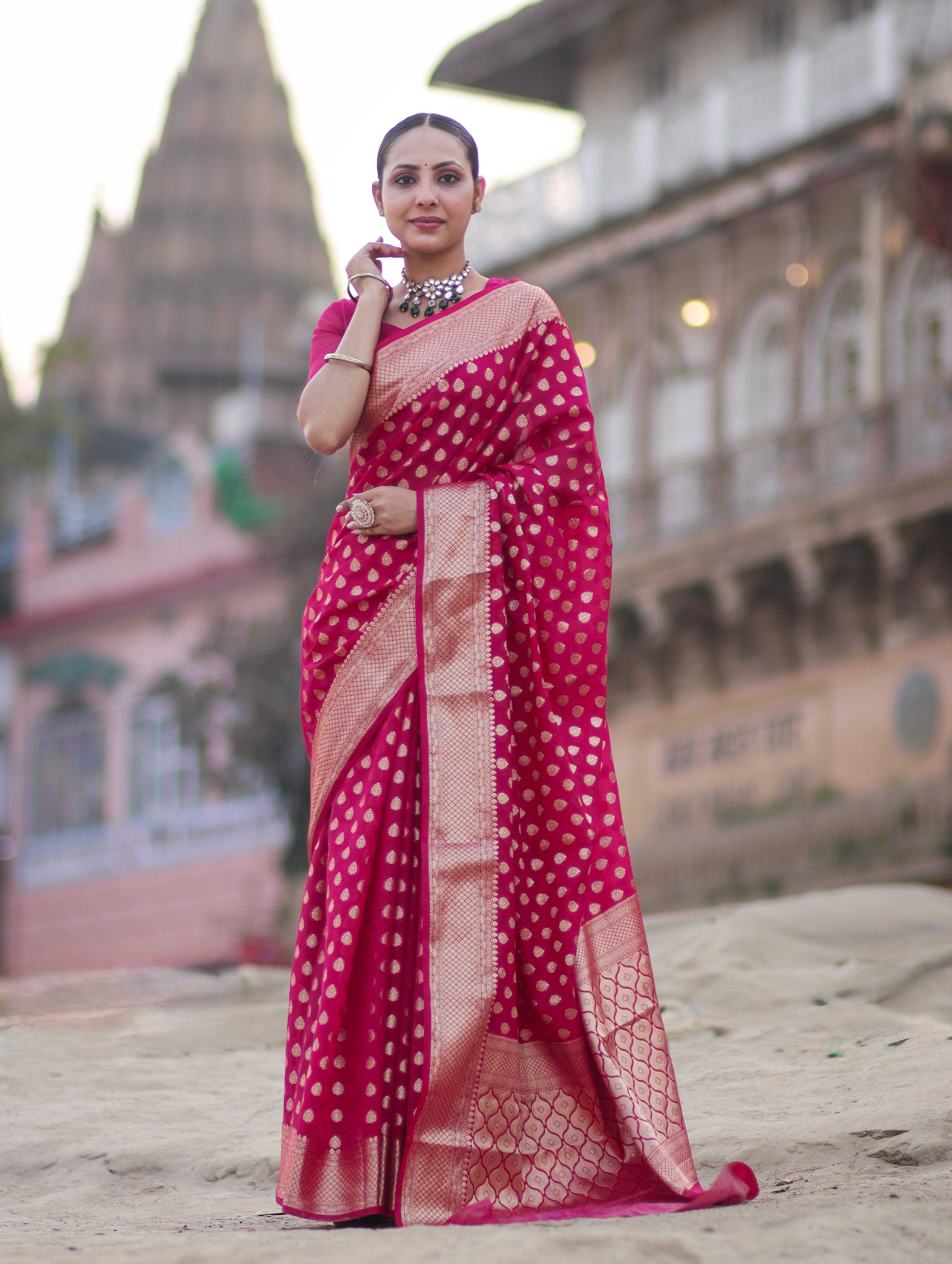 Banarasee Handwoven Georgette Saree With Zari Buta Design & Border-Pink