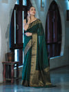 Banarasee Handloom Cotton Silk Plain Saree With Antique Zari Border-Deep Green
