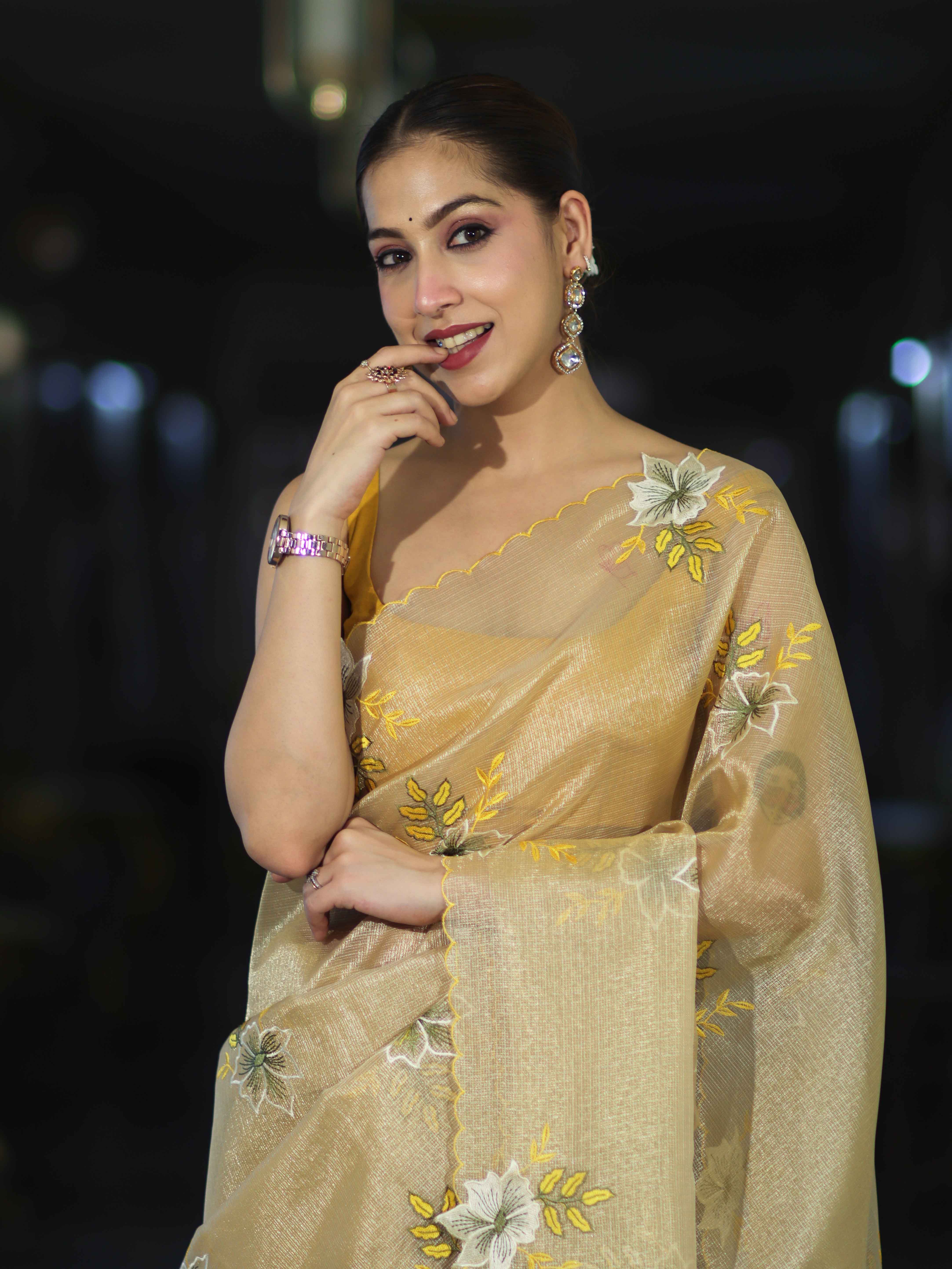Banarasee Tissue Saree With Resham Embroidery Applique Work Pallu & Scallop Border-Yellow (Gold Tone)
