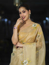 Banarasee Tissue Saree With Resham Embroidery Applique Work Pallu & Scallop Border-Yellow (Gold Tone)