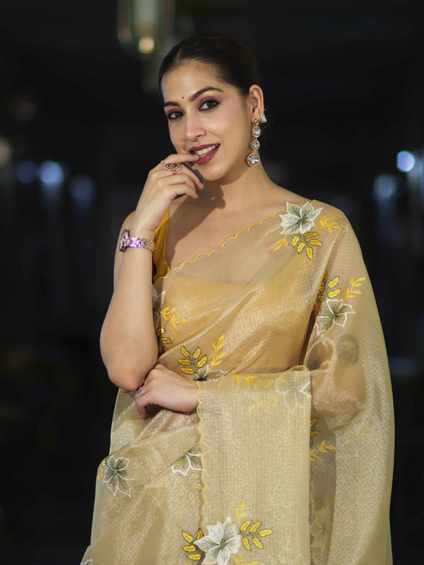 Banarasee Tissue Saree With Resham Embroidery Applique Work Pallu & Scallop Border-Yellow (Gold Tone)