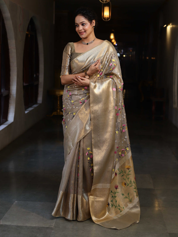 Banarasee Handwoven Tissue Saree With Thread Embroidery Digital Prints & Zari Border-Gold