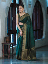 Banarasee Handloom Cotton Silk Plain Saree With Antique Zari Border-Deep Green