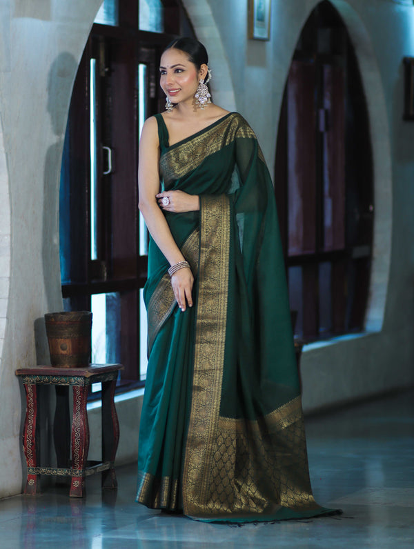 Banarasee Handloom Cotton Silk Plain Saree With Antique Zari Border-Deep Green