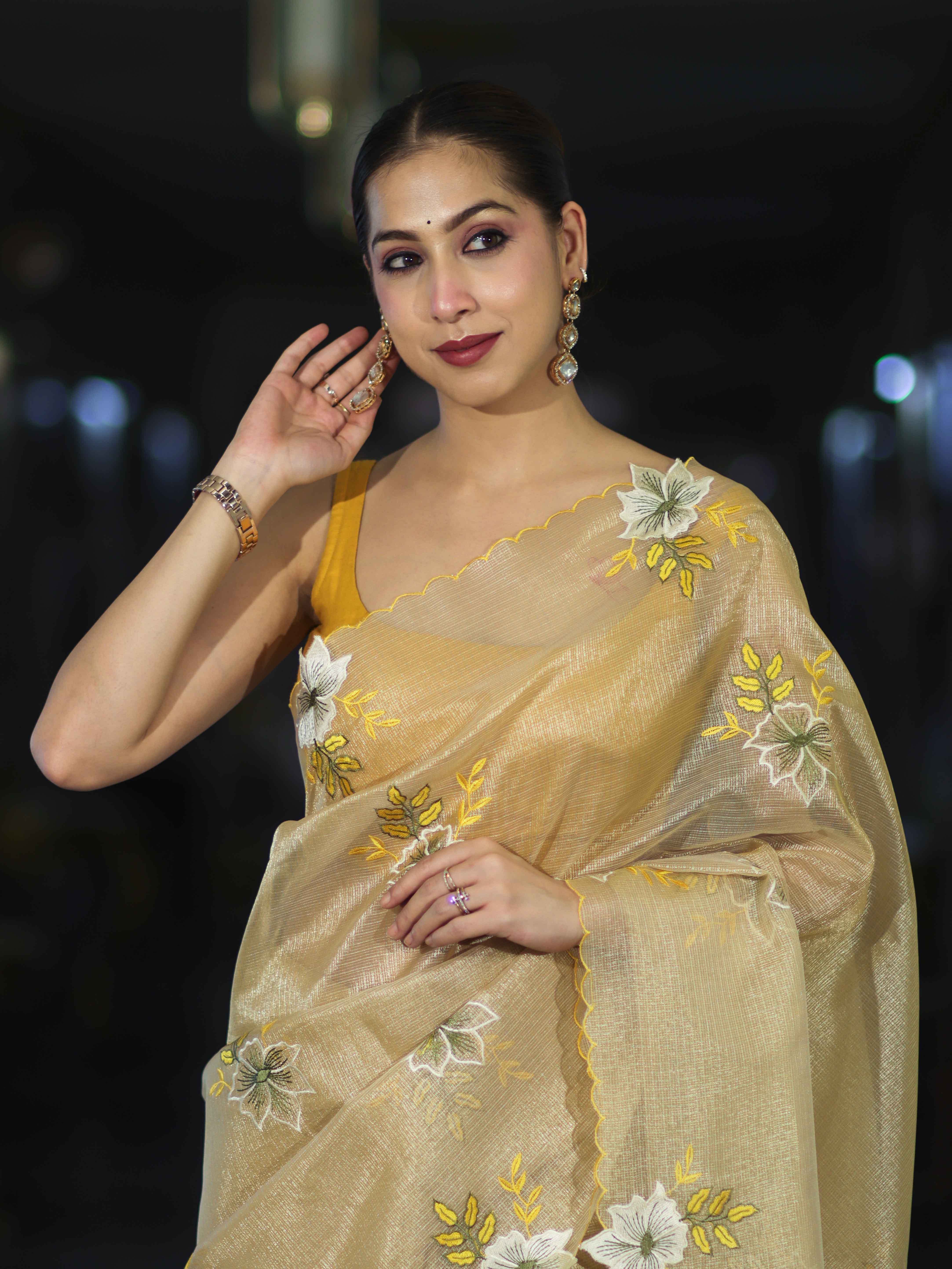 Banarasee Tissue Saree With Resham Embroidery Applique Work Pallu & Scallop Border-Yellow (Gold Tone)