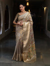Banarasee Handwoven Tissue Saree With Thread Embroidery Digital Prints & Zari Border-Gold