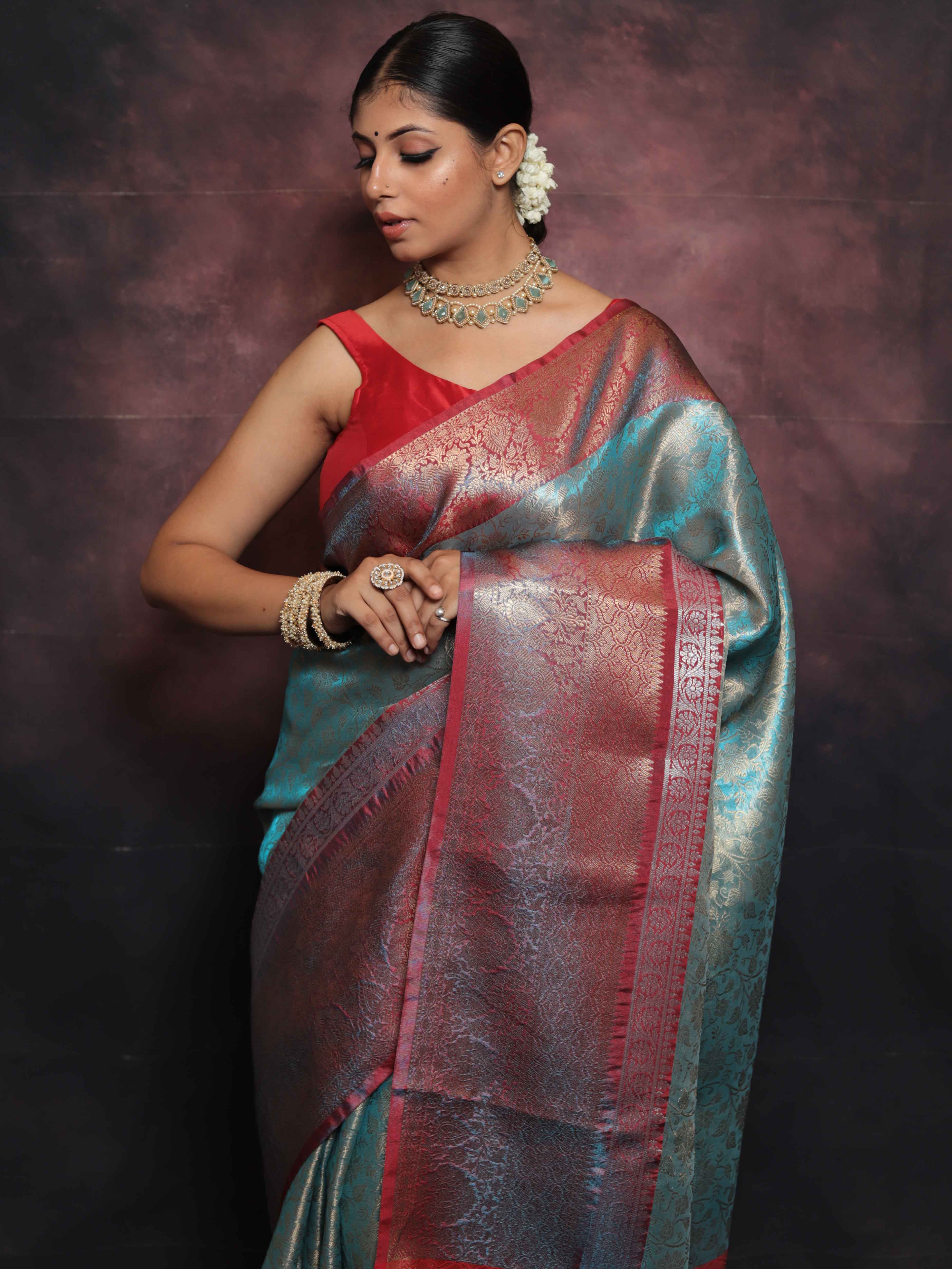 Banarasee Handwoven Broad Border Zari Jaal Design Tissue Saree-Blue & Red